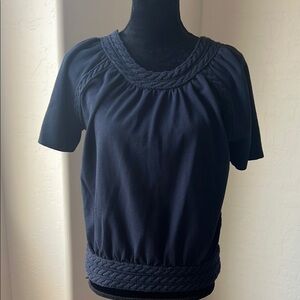 CAbi Tightrope Short Sleeve Sweater Top Versatile Casual Essential Navy